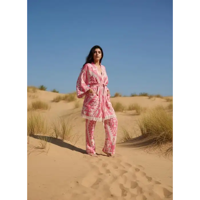 GORDES JAKARLI PAMUK DOKUMA BOHEM KİLİM DESEN KİMONO PANTOLON