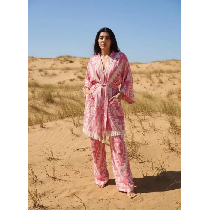 GORDES JAKARLI PAMUK DOKUMA BOHEM KİLİM DESEN KİMONO PANTOLON