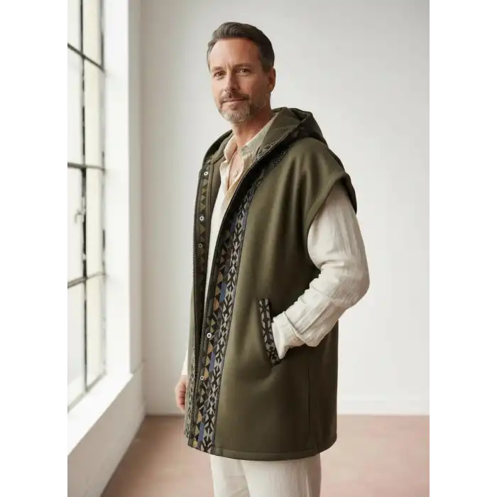 TUNA KAPŞONLU KİLİM DETAYLI POLAR YELEK / Haki