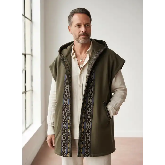 TUNA KAPŞONLU KİLİM DETAYLI POLAR YELEK / Haki