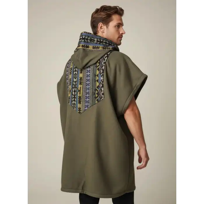 TUNA KAPŞONLU KİLİM DETAYLI POLAR YELEK / Haki