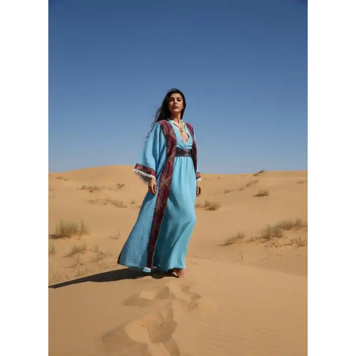 TARSUS KİLİM BORDÜRLÜ DOKUMA KAFTAN / turkuaz