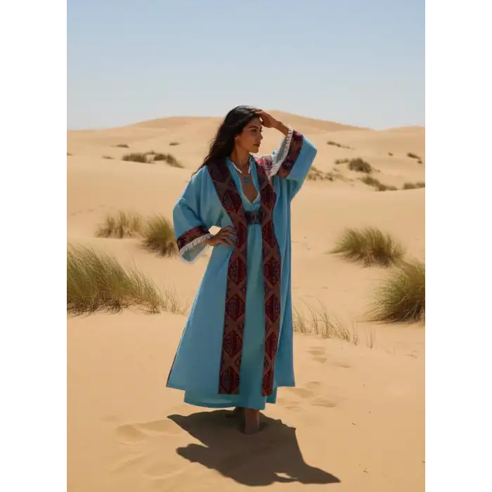 TARSUS KİLİM BORDÜRLÜ DOKUMA KAFTAN / turkuaz