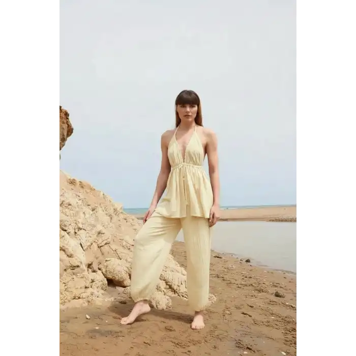BABYLON SIRT DEKOLTELİ BLUZ & PANTOLON TAKIM / krem