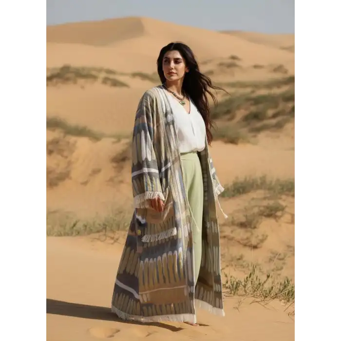 TOTEM DOKUMA JAKAR PAMUK KİMONO / Bej