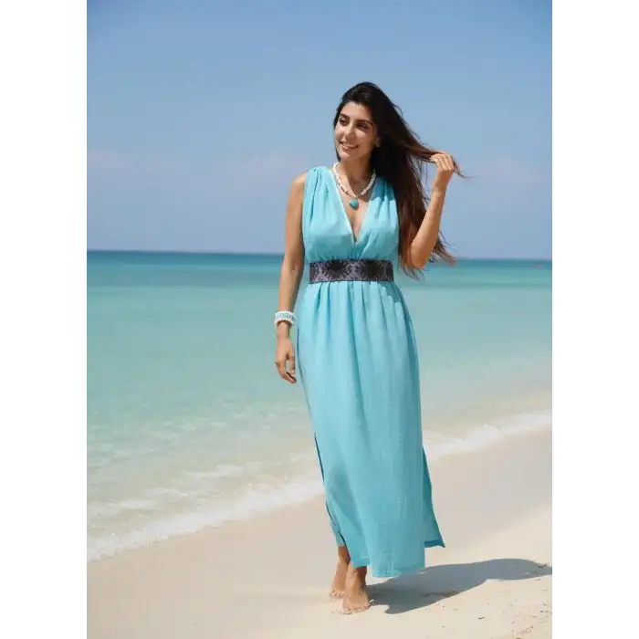 AZİZE BOHEM STİL MÜSLİN ELBİSE / turkuaz