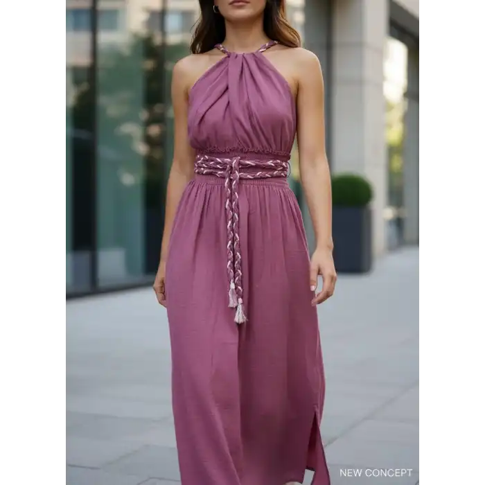 PETUNYA ÖRGÜ DETAYLI BOHEM ELBİSE / gül kurusu