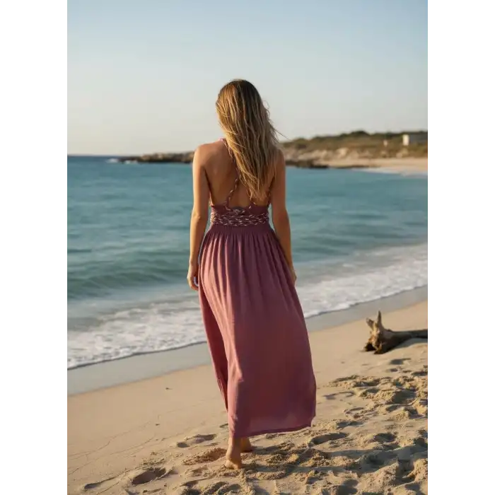 PETUNYA ÖRGÜ DETAYLI BOHEM ELBİSE / gül kurusu