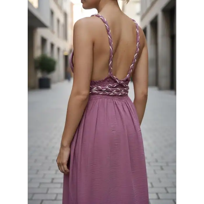 PETUNYA ÖRGÜ DETAYLI BOHEM ELBİSE / gül kurusu