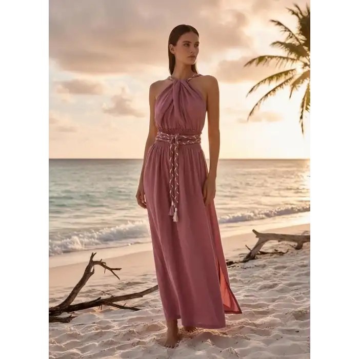 PETUNYA ÖRGÜ DETAYLI BOHEM ELBİSE / gül kurusu