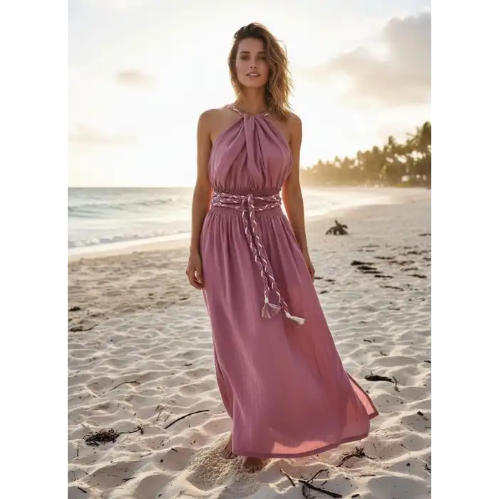 PETUNYA ÖRGÜ DETAYLI BOHEM ELBİSE / gül kurusu