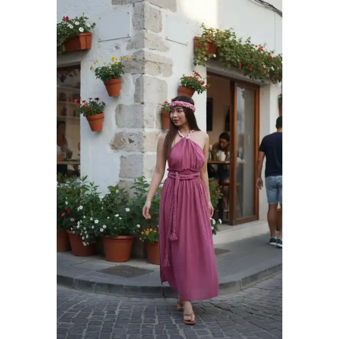 PETUNYA ÖRGÜ DETAYLI BOHEM ELBİSE / gül kurusu