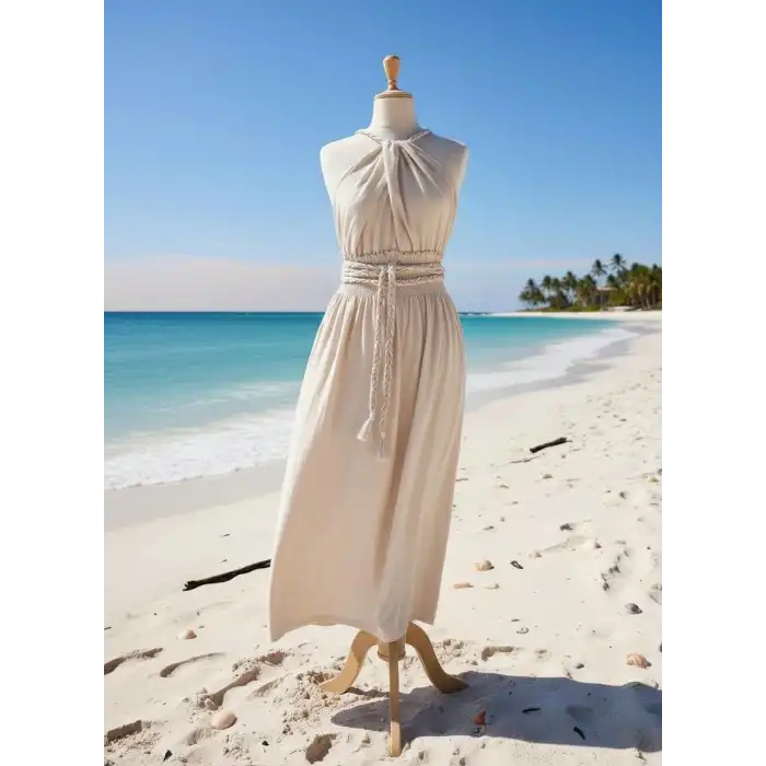 PETUNYA ÖRGÜ DETAYLI BOHEM ELBİSE / Bej