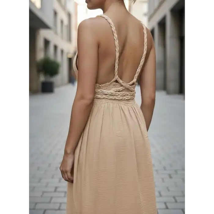 PETUNYA ÖRGÜ DETAYLI BOHEM ELBİSE / Bej