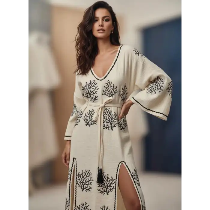 CORAL PAMUK BASKILI ELBİSE / mercan desen