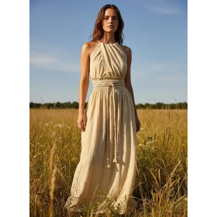 PETUNYA ÖRGÜ DETAYLI BOHEM ELBİSE / Bej