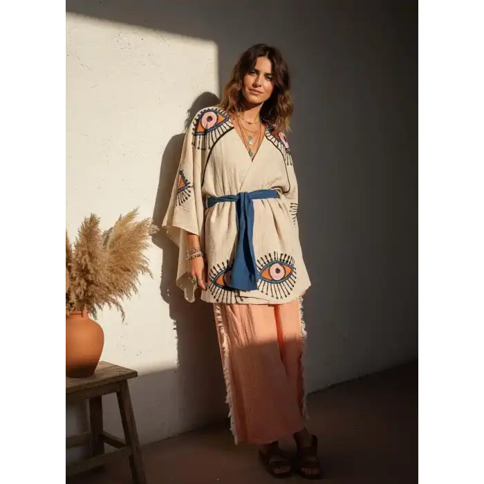 TILSIM PAMUK DOKUMA TAŞ BASKI KİMONO