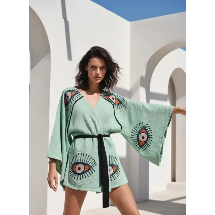 TILSIM PAMUK DOKUMA TAŞ BASKI KİMONO/ yeşil