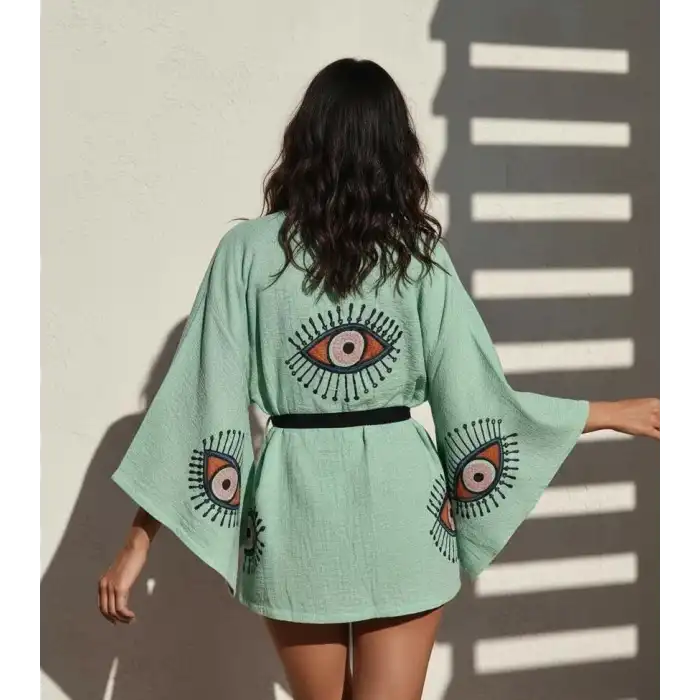 TILSIM PAMUK DOKUMA TAŞ BASKI KİMONO/ yeşil