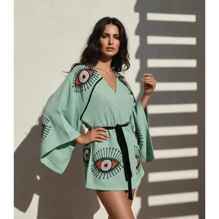 TILSIM PAMUK DOKUMA TAŞ BASKI KİMONO/ yeşil