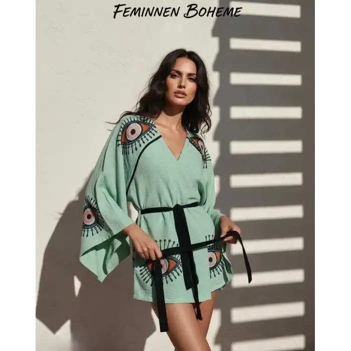 TILSIM PAMUK DOKUMA TAŞ BASKI KİMONO/ yeşil