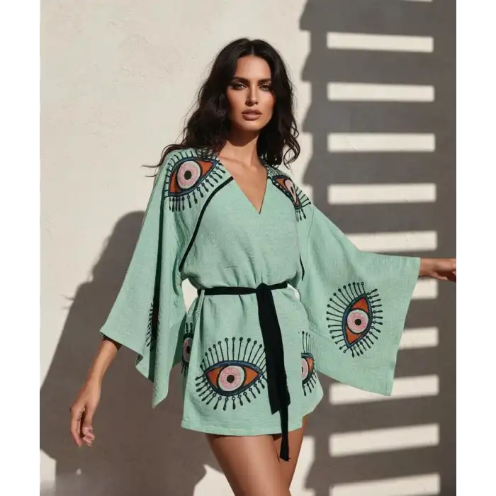 TILSIM PAMUK DOKUMA TAŞ BASKI KİMONO/ yeşil