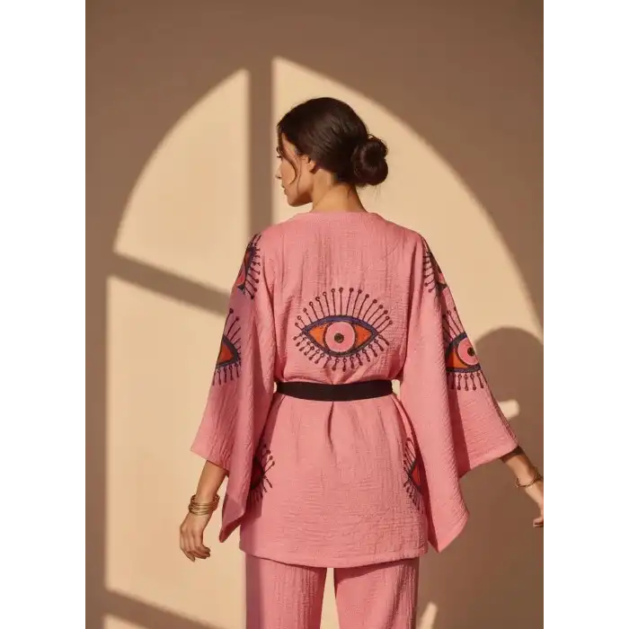 TILSIM PAMUK DOKUMA TAŞ BASKI KİMONO / Pembe