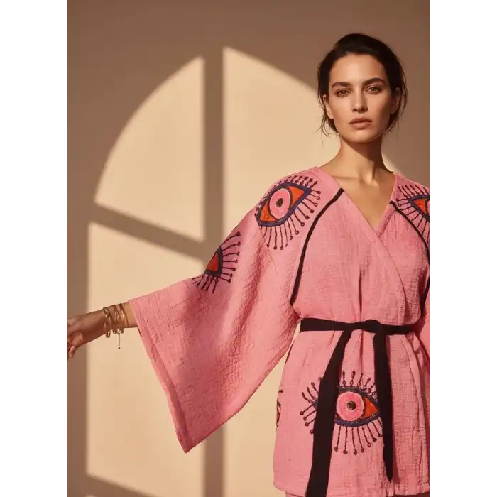 TILSIM PAMUK DOKUMA TAŞ BASKI KİMONO / Pembe