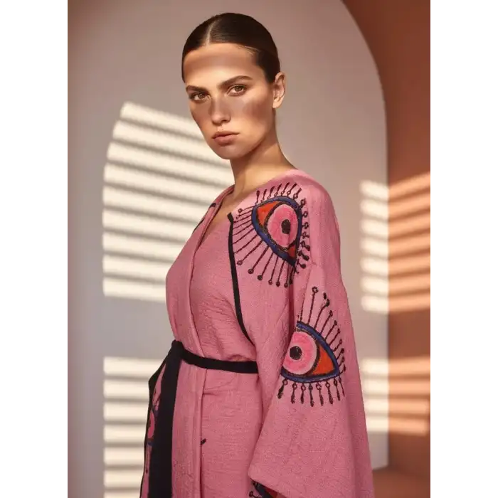 TILSIM PAMUK DOKUMA TAŞ BASKI KİMONO / Pembe