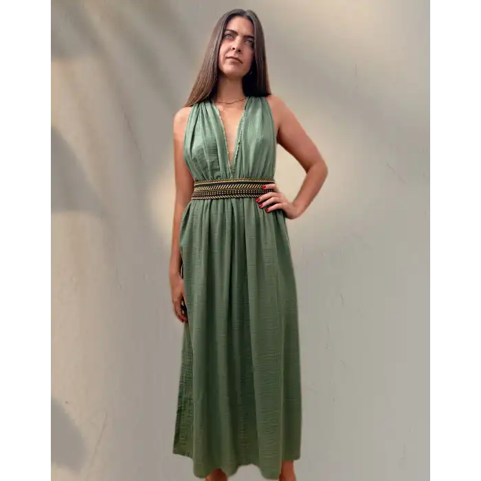 AZİZE BOHEM STİL MÜSLİN ELBİSE / Çağla