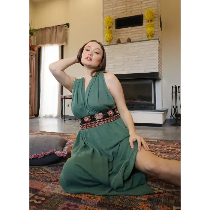 AZİZE BOHEM STİL MÜSLİN ELBİSE / Çağla