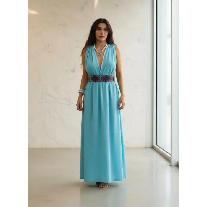 AZİZE BOHEM STİL MÜSLİN ELBİSE / turkuaz