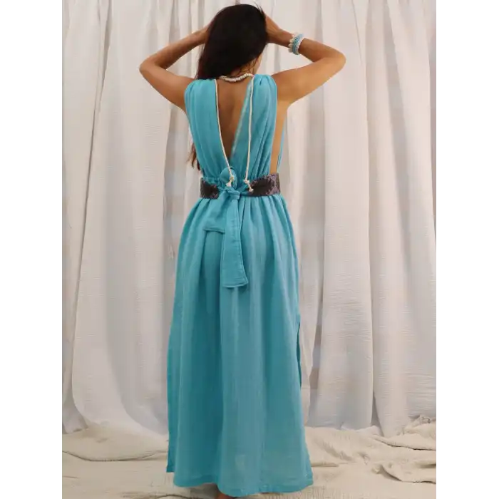 AZİZE BOHEM STİL MÜSLİN ELBİSE / turkuaz