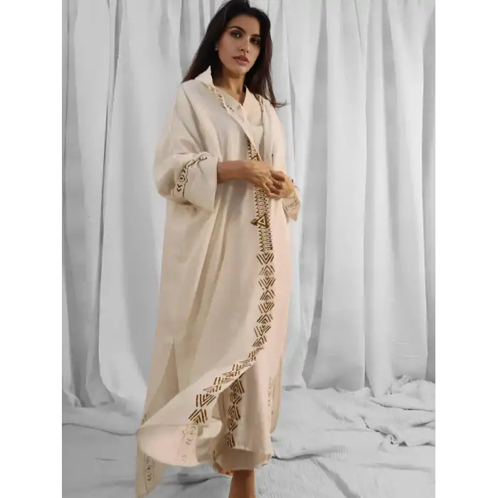 MONK BOHEM STİL TAHTA BASKILI KETEN KİMONO