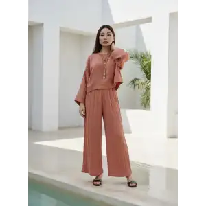 SOUL MÜSLİN BLUZ PANTOLON TAKIM / yanık turuncu