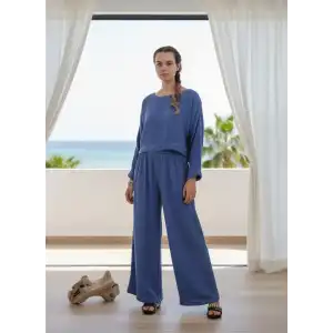 SOUL MÜSLİN BLUZ PANTOLON TAKIM / mavi