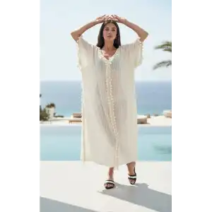 ATLAS ÇİZGİLİ ŞİLE BEZİ PÜSKÜL DETAYLI KAFTAN