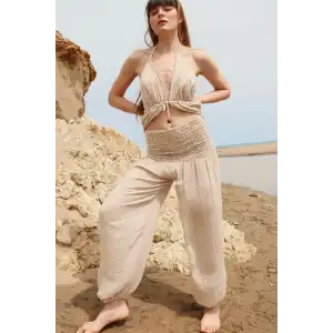 BABYLON SIRT DEKOLTELİ BLUZ & PANTOLON TAKIM / krem