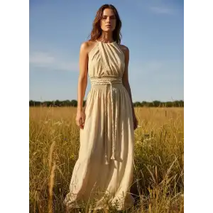 PETUNYA ÖRGÜ DETAYLI BOHEM ELBİSE / Bej