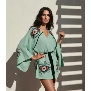 TILSIM PAMUK DOKUMA TAŞ BASKI KİMONO/ yeşil