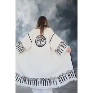 HAYAT AĞACI TAHTA BASKILI DOKUMA KAFTAN / Naturel