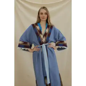 TARSUS KİLİM BORDÜRLÜ DOKUMA KAFTAN / mavi
