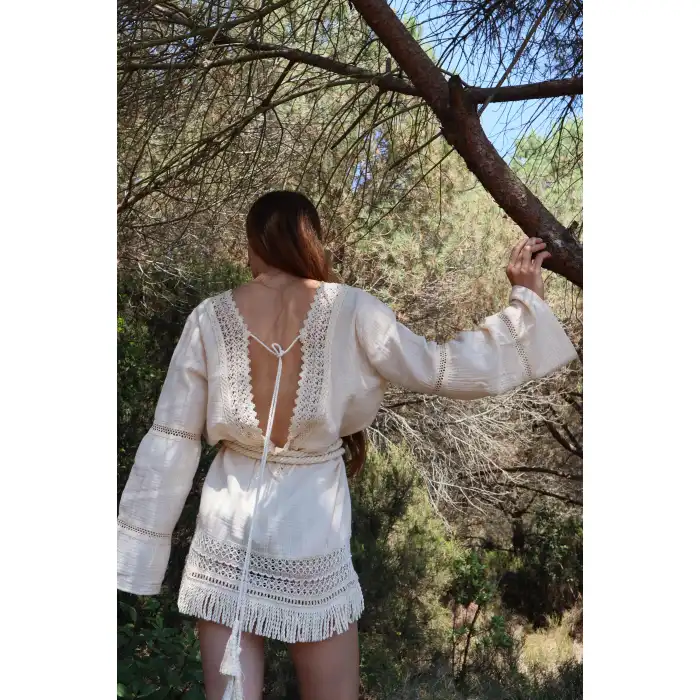 İRİS PAMUK PÜSKÜL DETAYLI BOHO ELBİSE