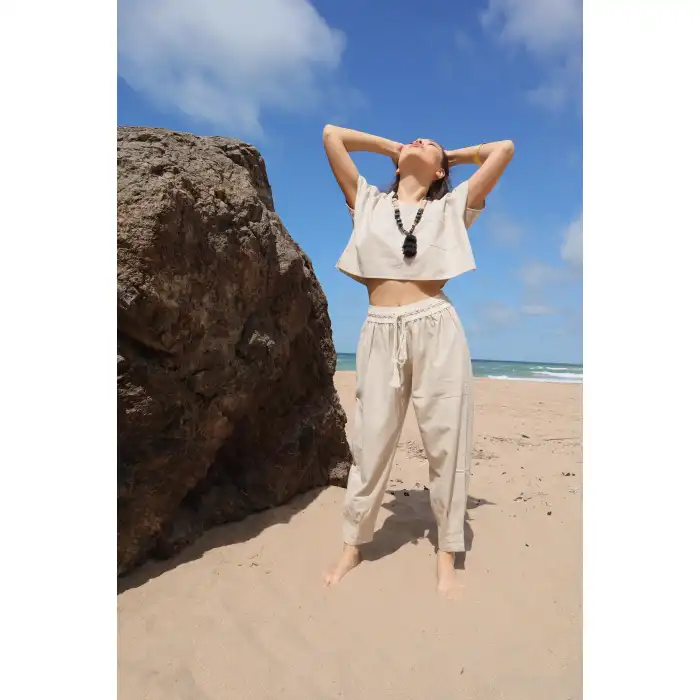 LAVANDA KETEN KARIŞIMLI BLUZ & PANTOLON TAKIM