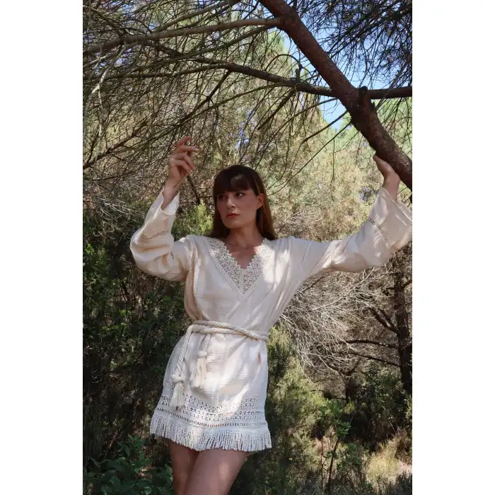 İRİS PAMUK PÜSKÜL DETAYLI BOHO ELBİSE