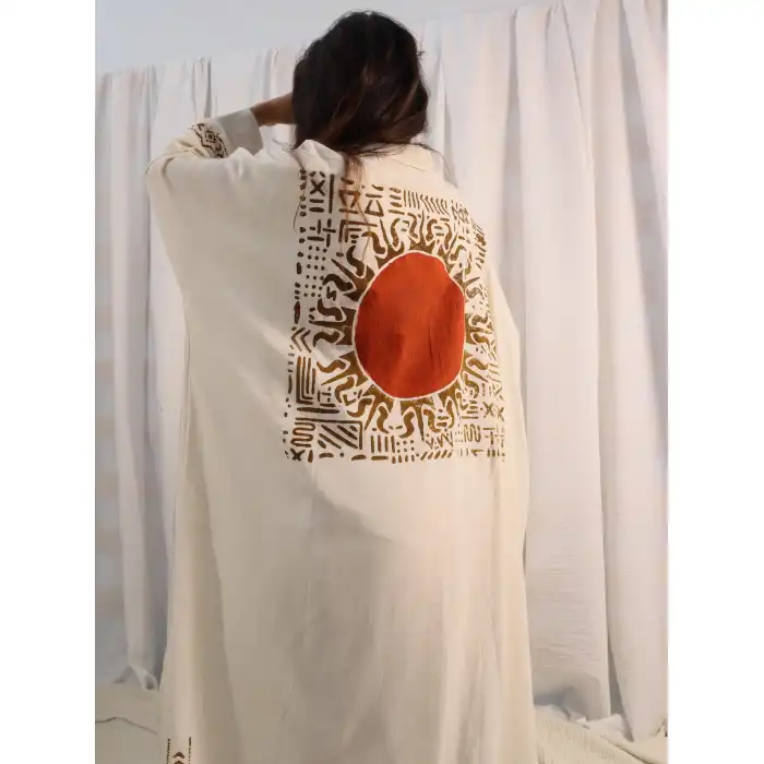 MONK BOHEM STİL TAHTA BASKILI KETEN KİMONO
