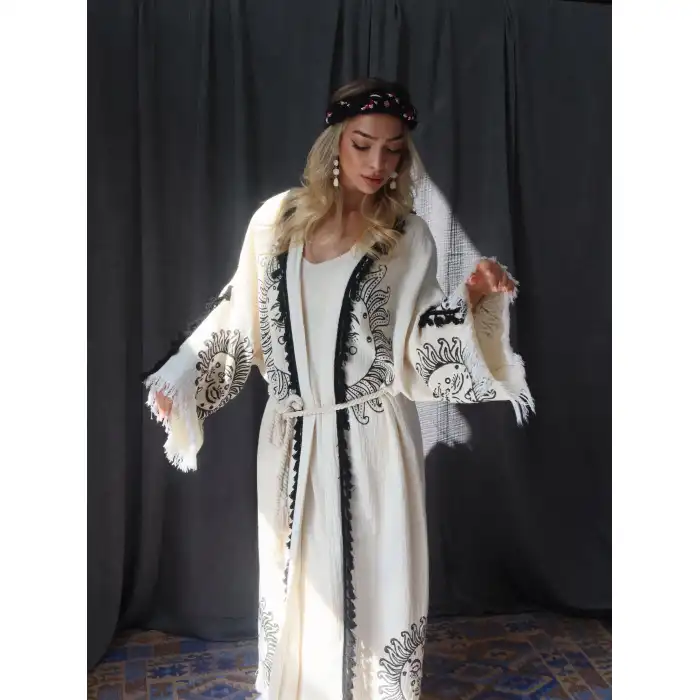 SHAMAN TAHTA BASKILI MÜSLİN KAFTAN