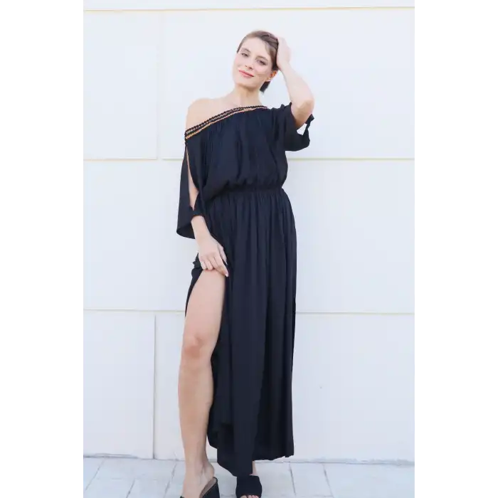 NEFERTİTİ YAKASI PÜSKÜL DETAYLI ELBİSE