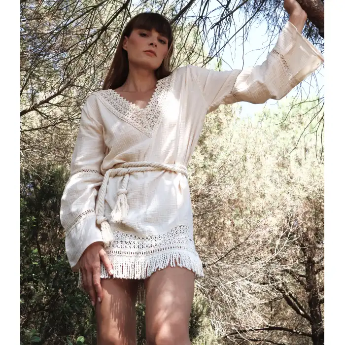 İRİS PAMUK PÜSKÜL DETAYLI BOHO ELBİSE