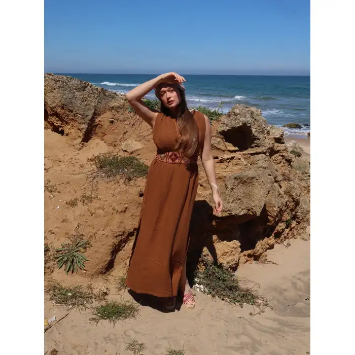 AZİZE BOHEM STİL MÜSLİN ELBİSE / Kahve